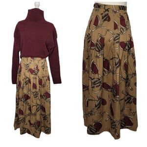 VINTAGE 70s skirt tan pleated horsebit print midi equestrian M‎